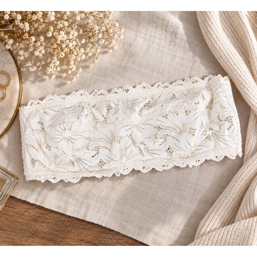 Aerie Real Power Strapless Lace Bandeau Bra Ivory 36C Underwire Scalloped Trim